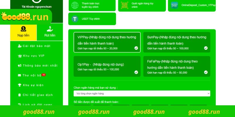 Nạp tiền Good88 bằng cách chuyển khoản ngân hàng